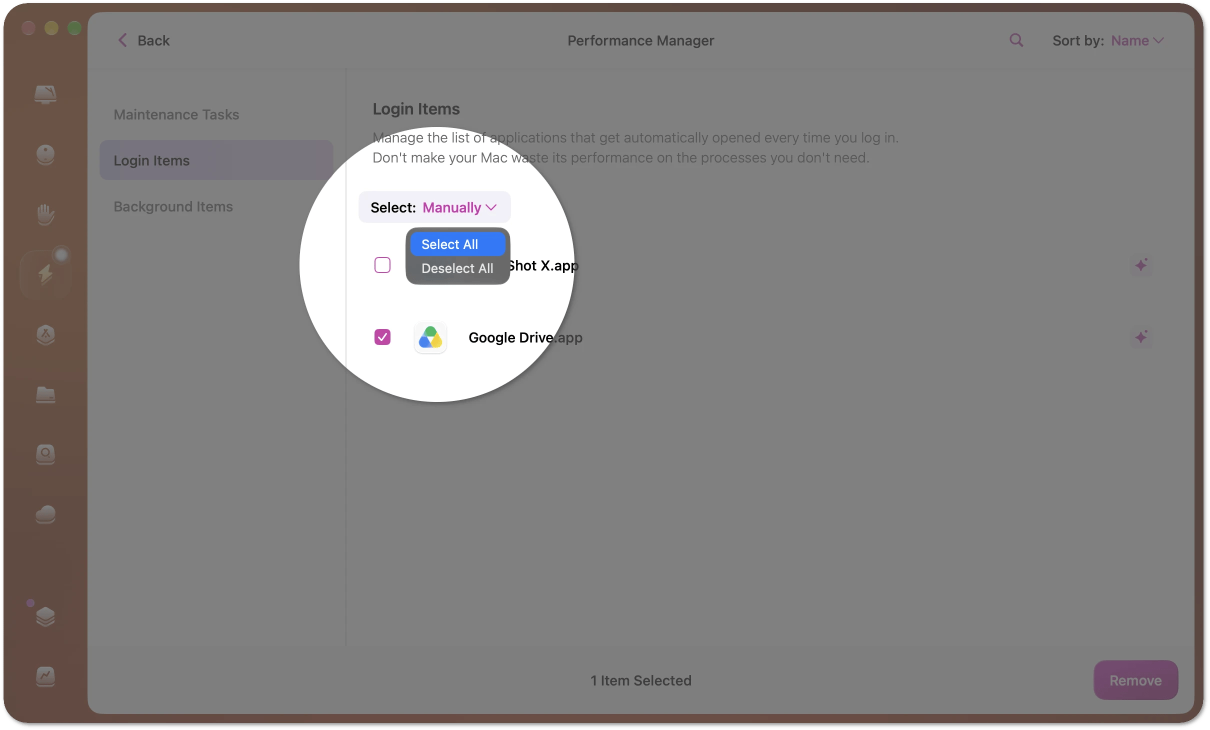 The list of login items with one item selected, a selection menu open, and a button at the bottom to remove the selected item