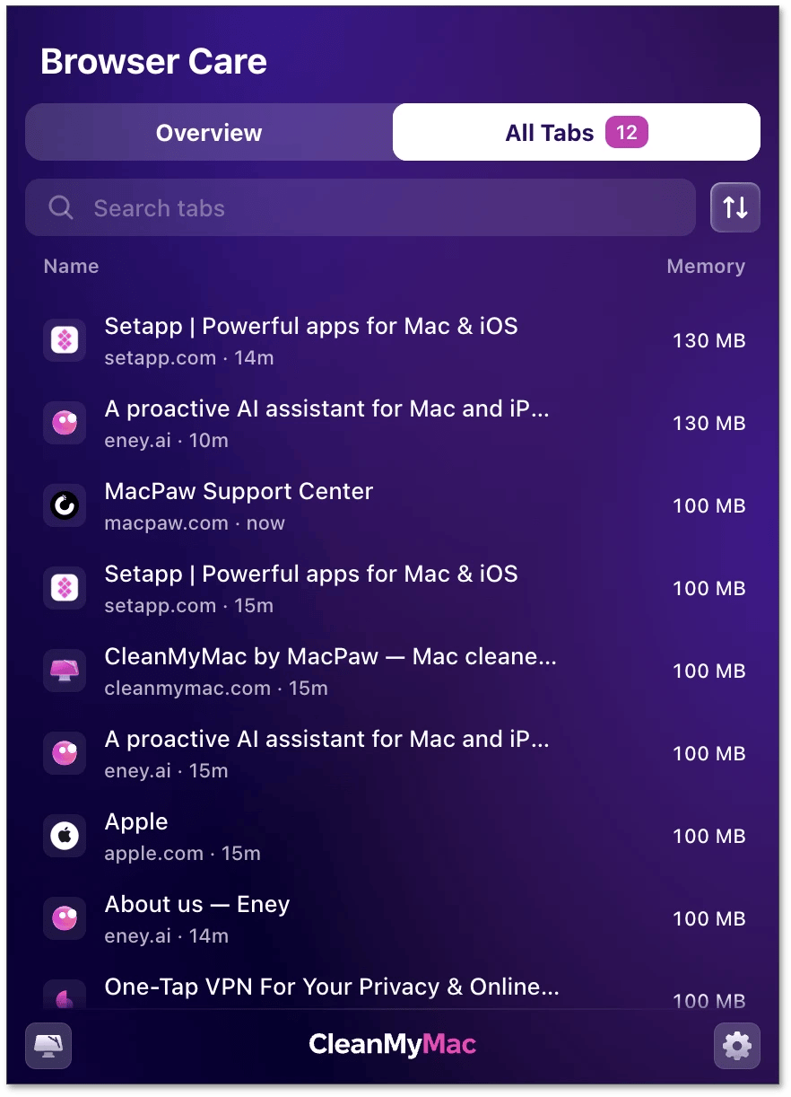 All Tabs in Browser Care with a search field, a sort button, and a list of open tabs with the domain, open time, and memory for each