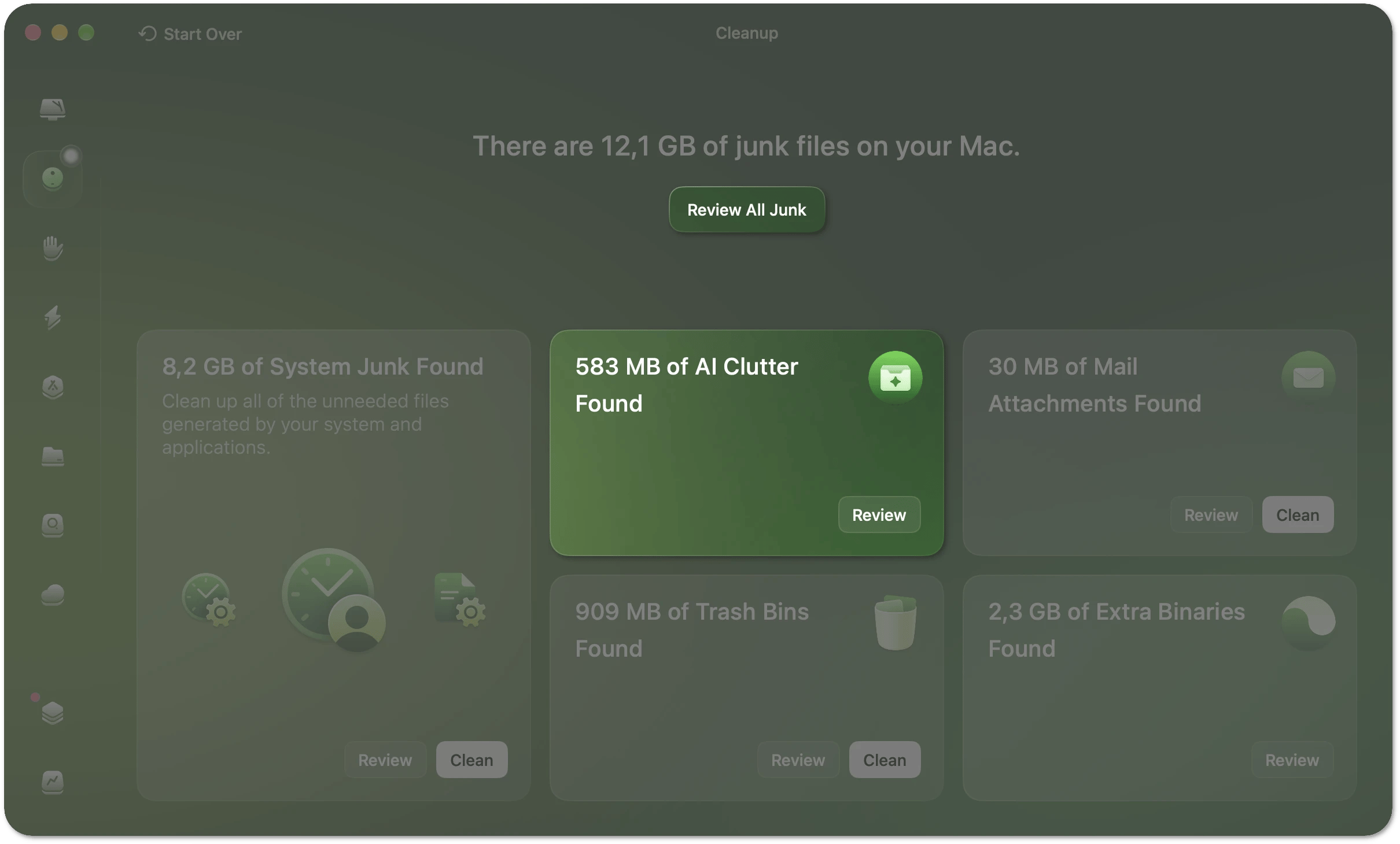 Scan summary with the Review button on the AI Clutter tile