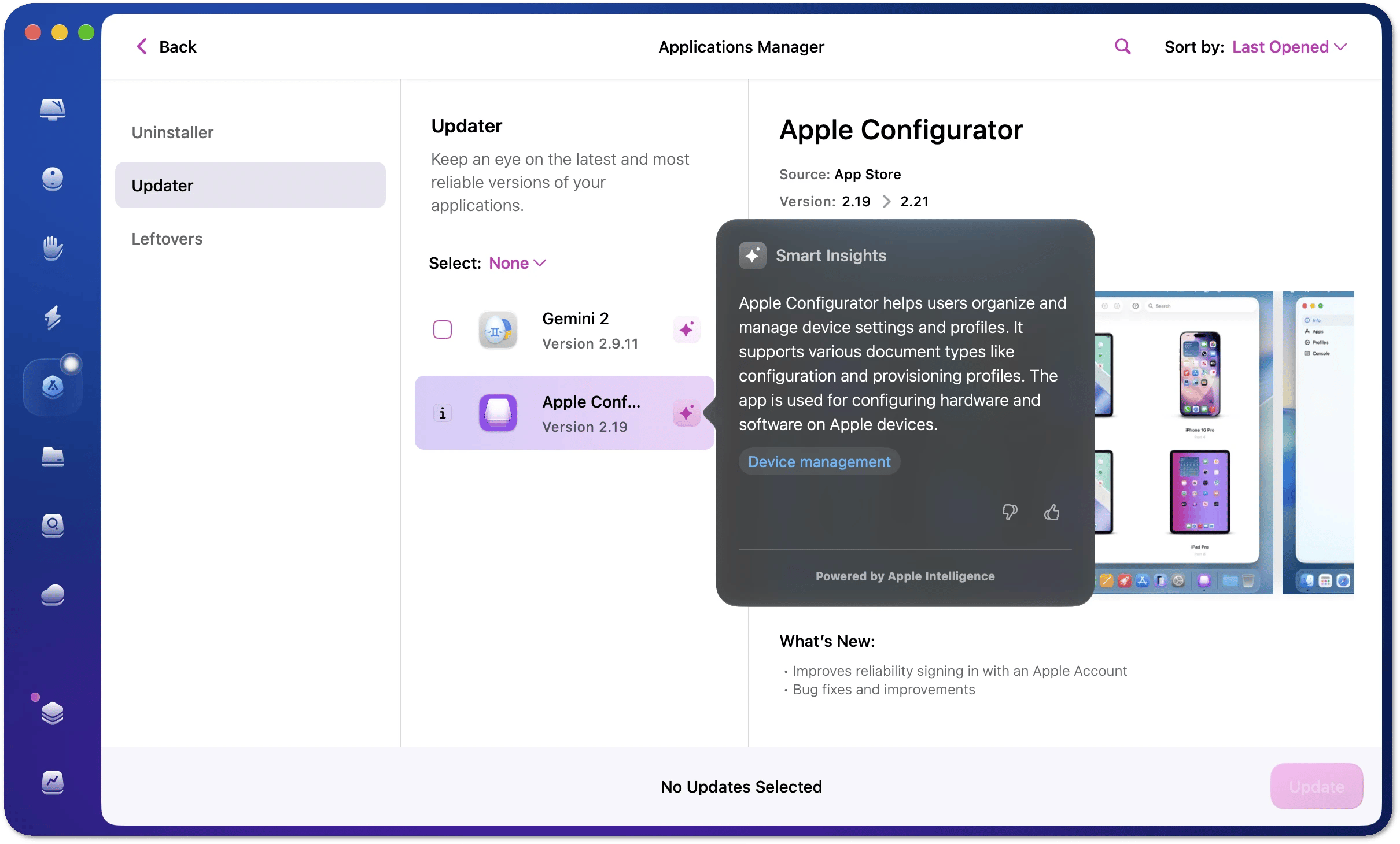 The Updater category with Smart Insights details about an app