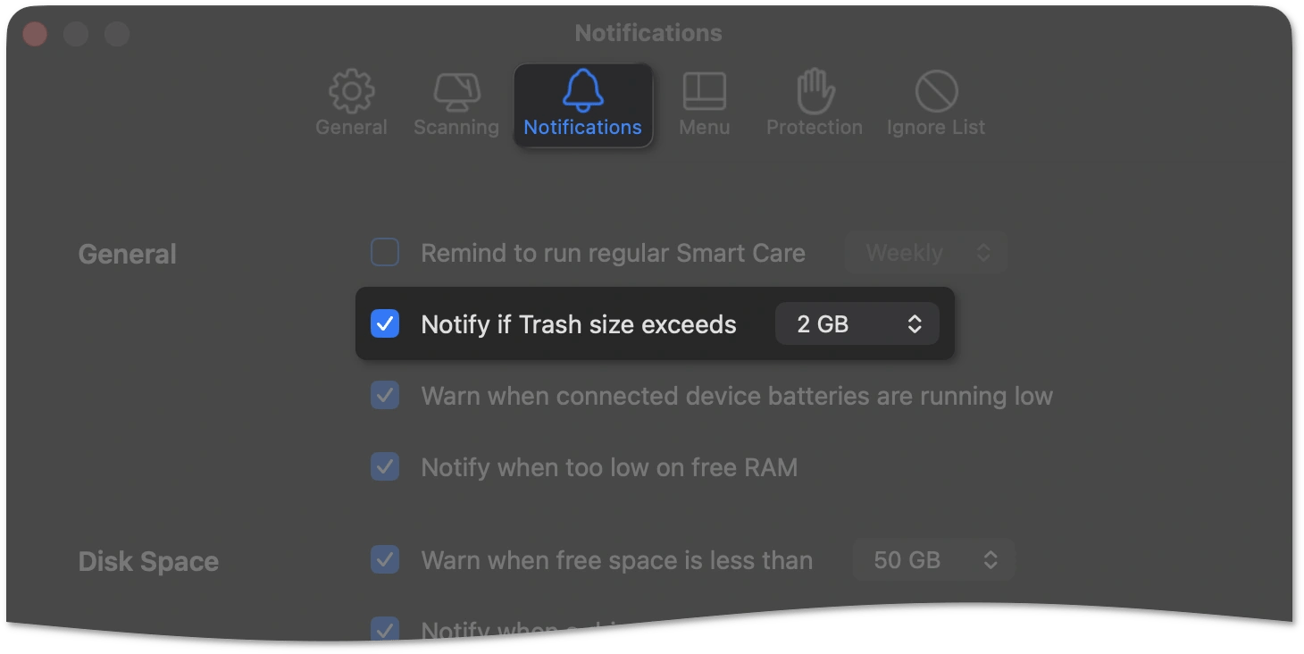 Notify if Trash size exceeds the set threshold