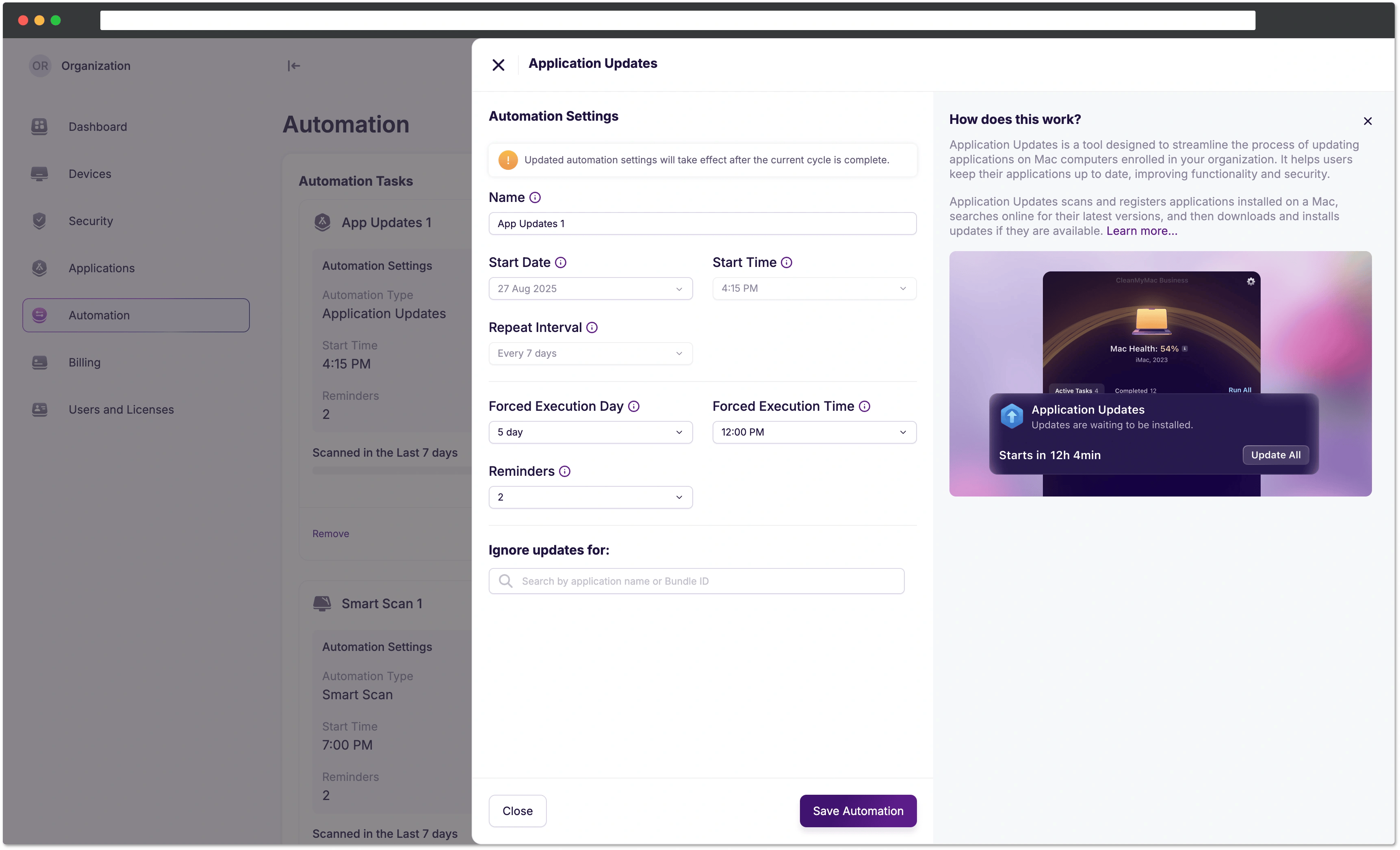 Application Updates settings
