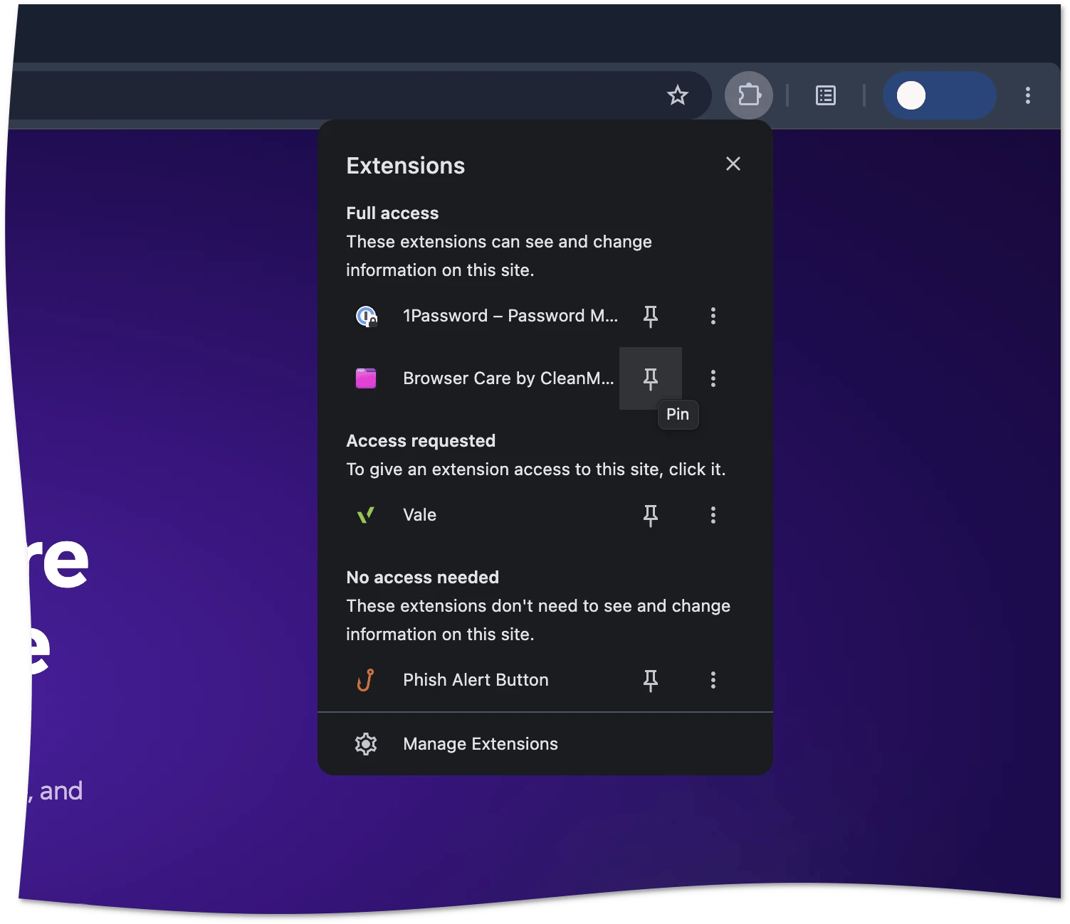 Chrome Extensions menu with the Pin button highlighted next to Browser Care