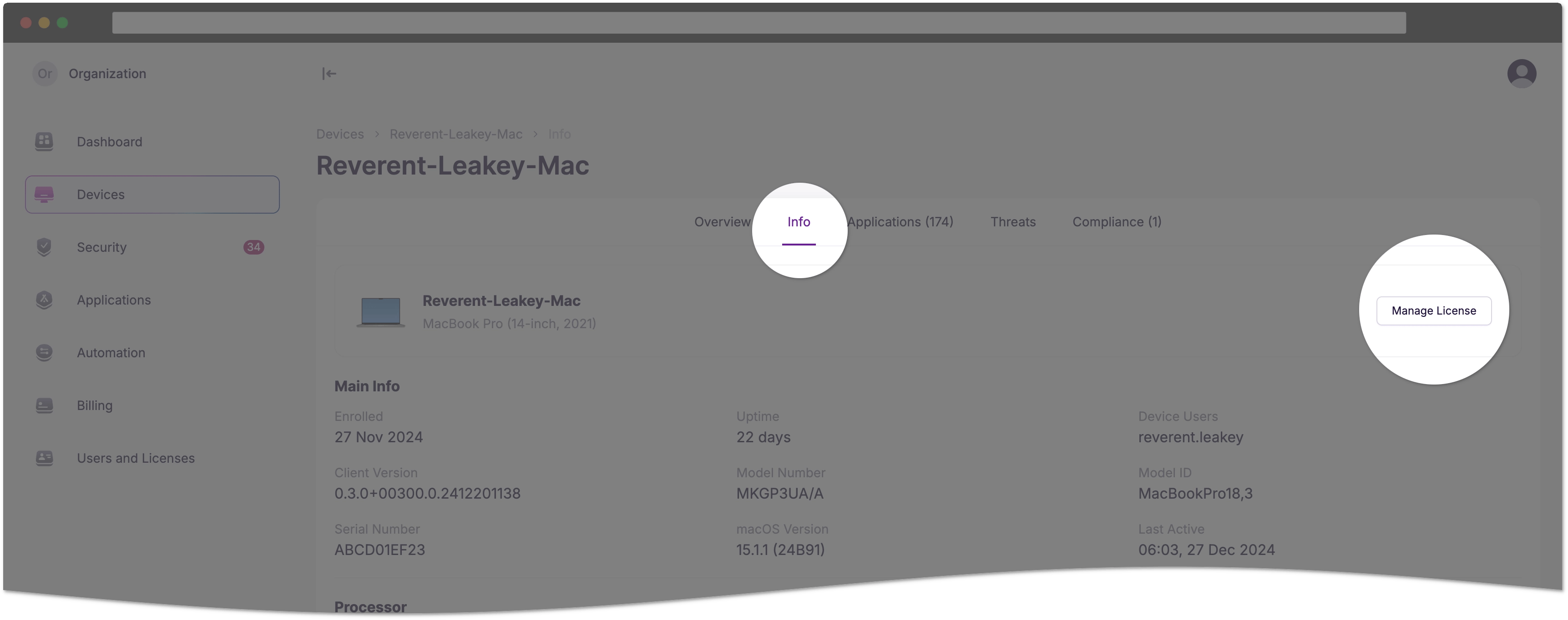 Manage license from the device details