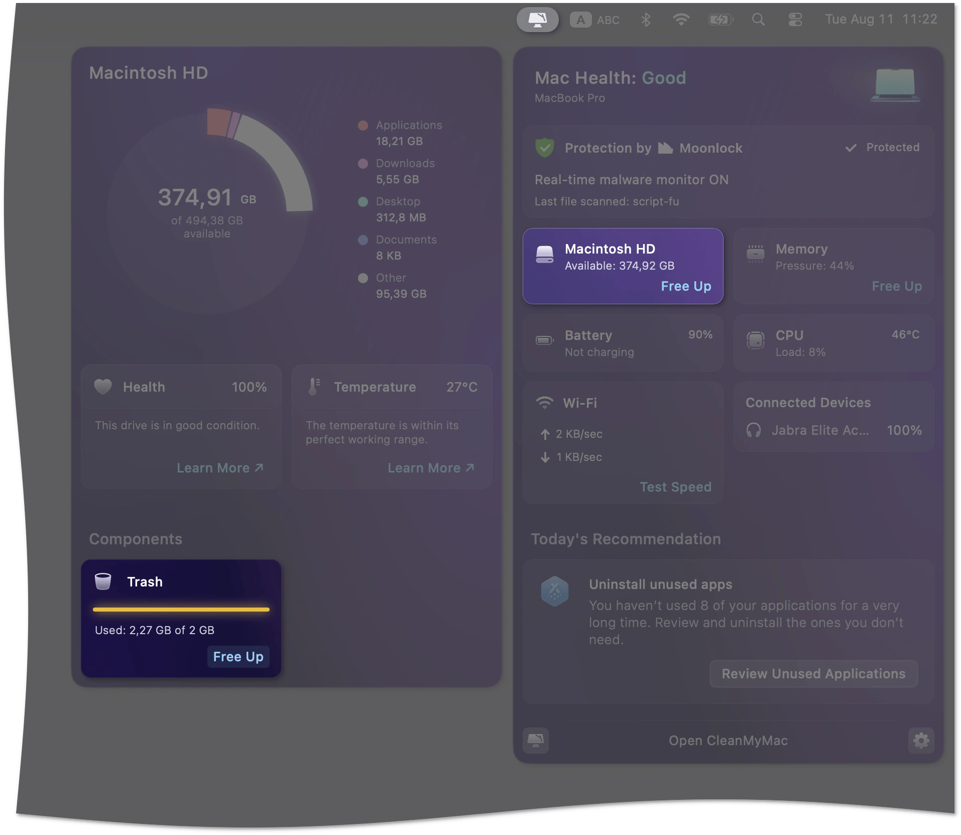 The Trash monitor in the CleanMyMac Menu