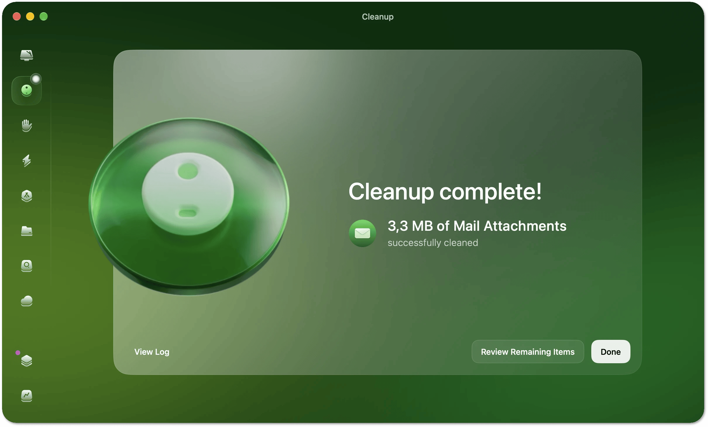 Results summary screen showing removed attachments count and navigation options