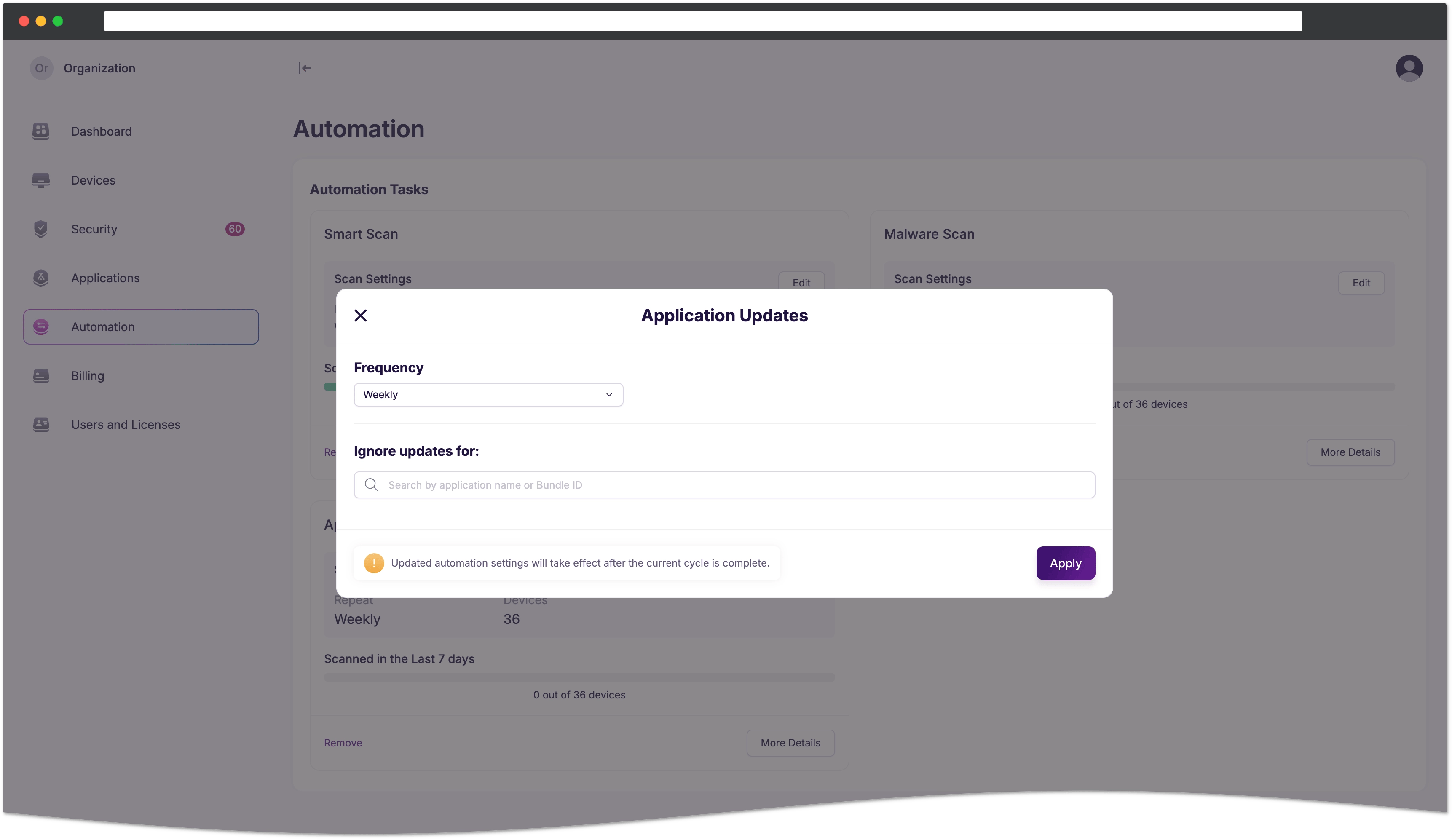 Application Updates settings