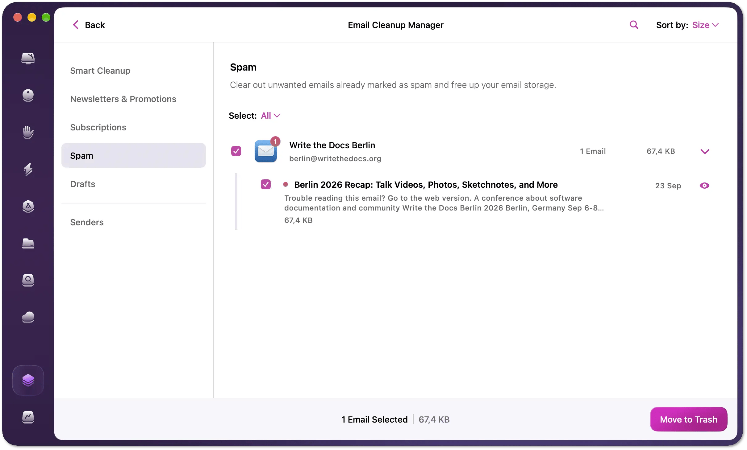 Email Cleanup Manager with the Spam category selected, showing a sender's emails selected and the Move to Trash button