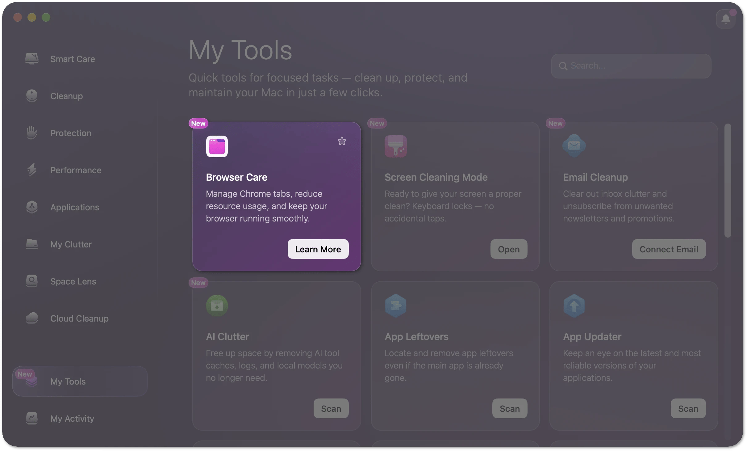 My Tools in CleanMyMac with the Browser Care tile highlighted and its Learn More button