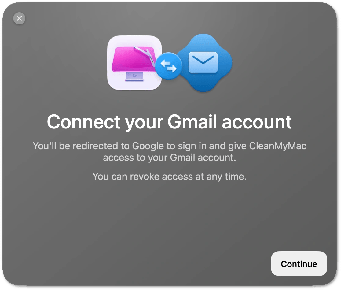 Dialog with connection details and the Continue button