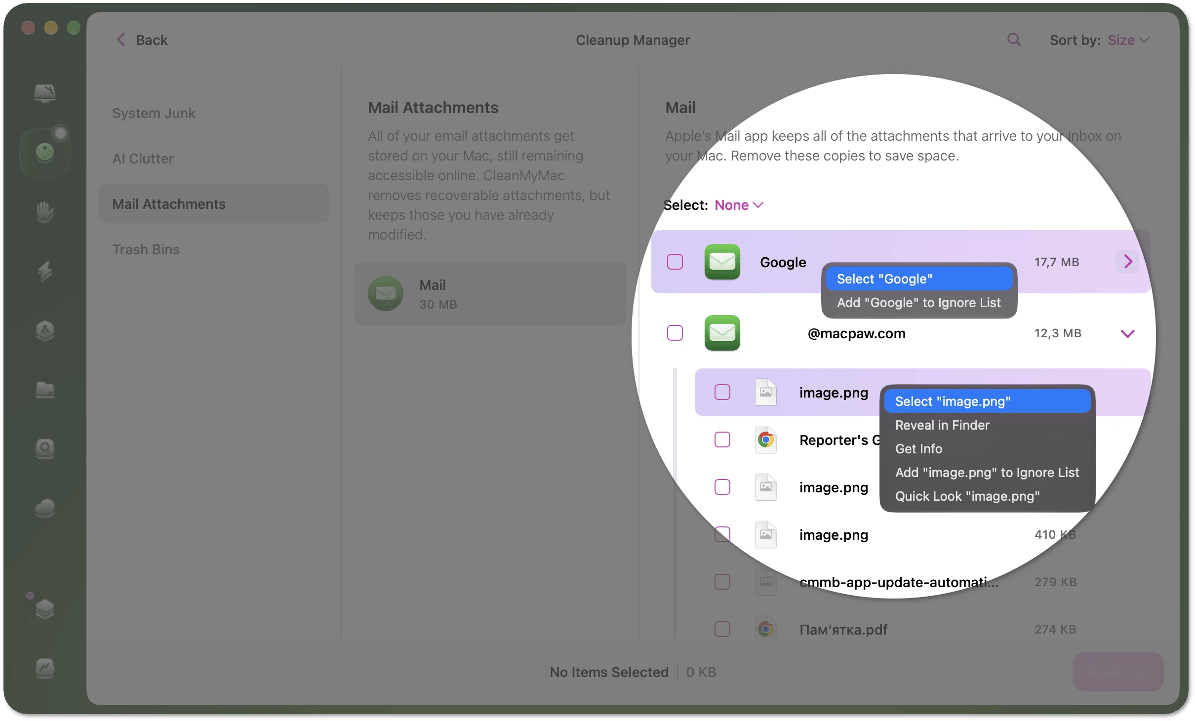 Mailbox and individual attachment selection