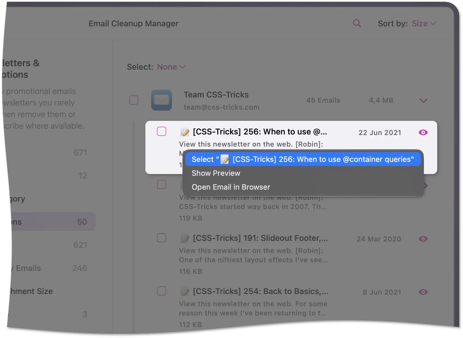 Email Cleanup Manager showing a sender group expanded with a right-click menu open and the select option highlighted