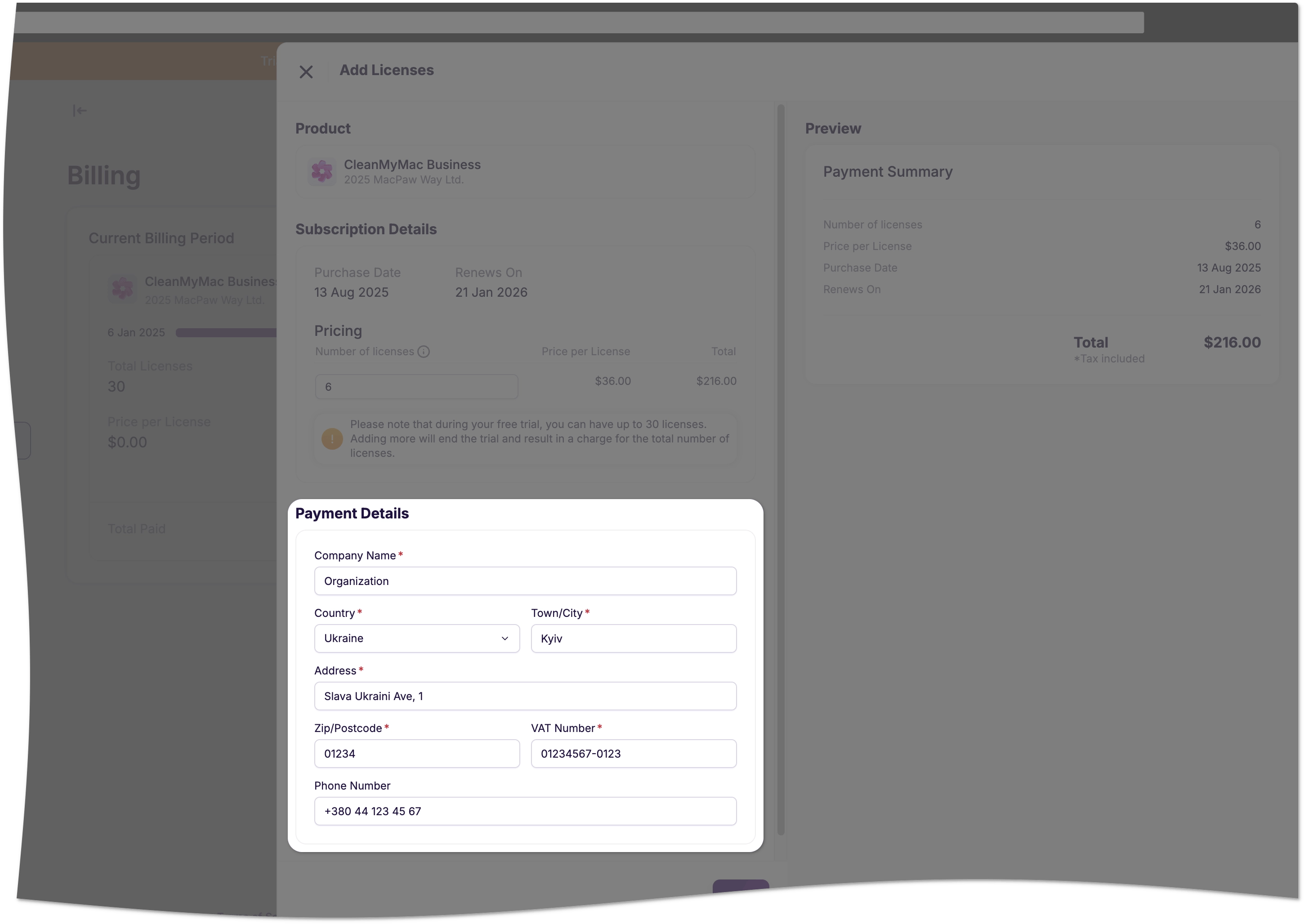 Payment details