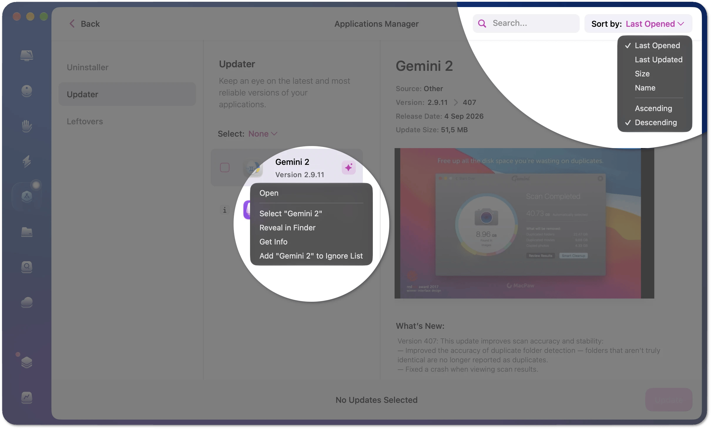 The Updater category with search and sort options and a context menu for an app