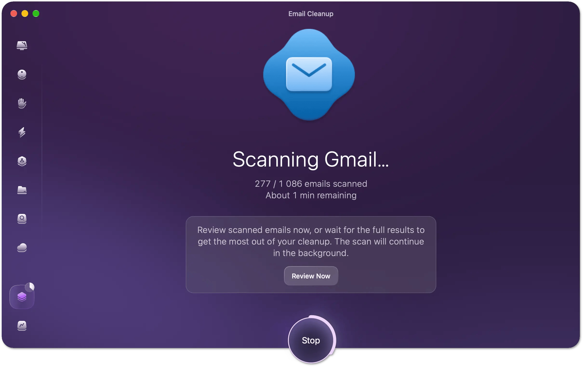 Email Cleanup scanning view with options to review already found emails or wait for the full scan to complete